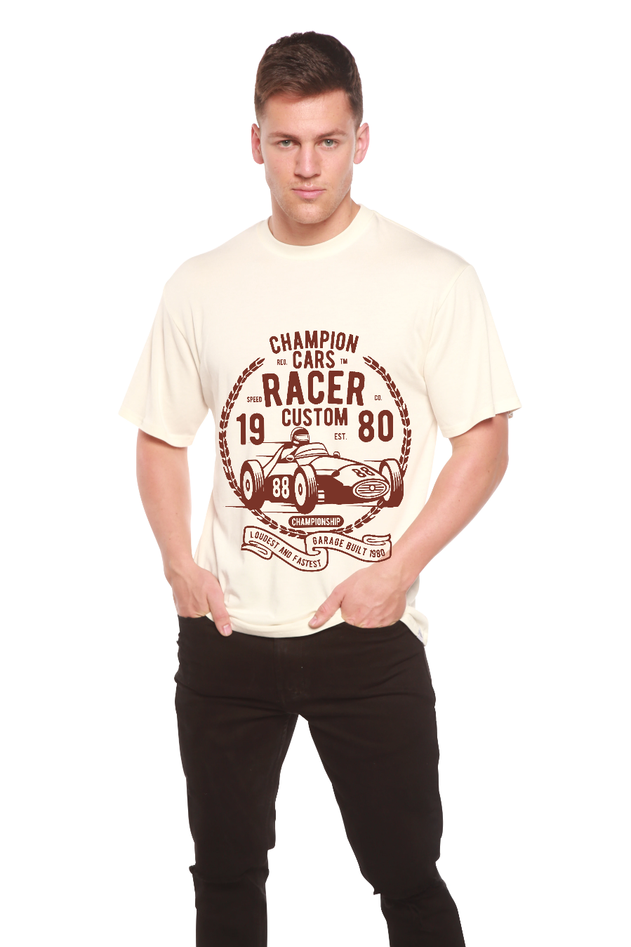 Spun Bamboo Champions Cars Men's Bamboo Viscose/Organic Cotton Short Sleeve Graphic T-Shirt — side view
