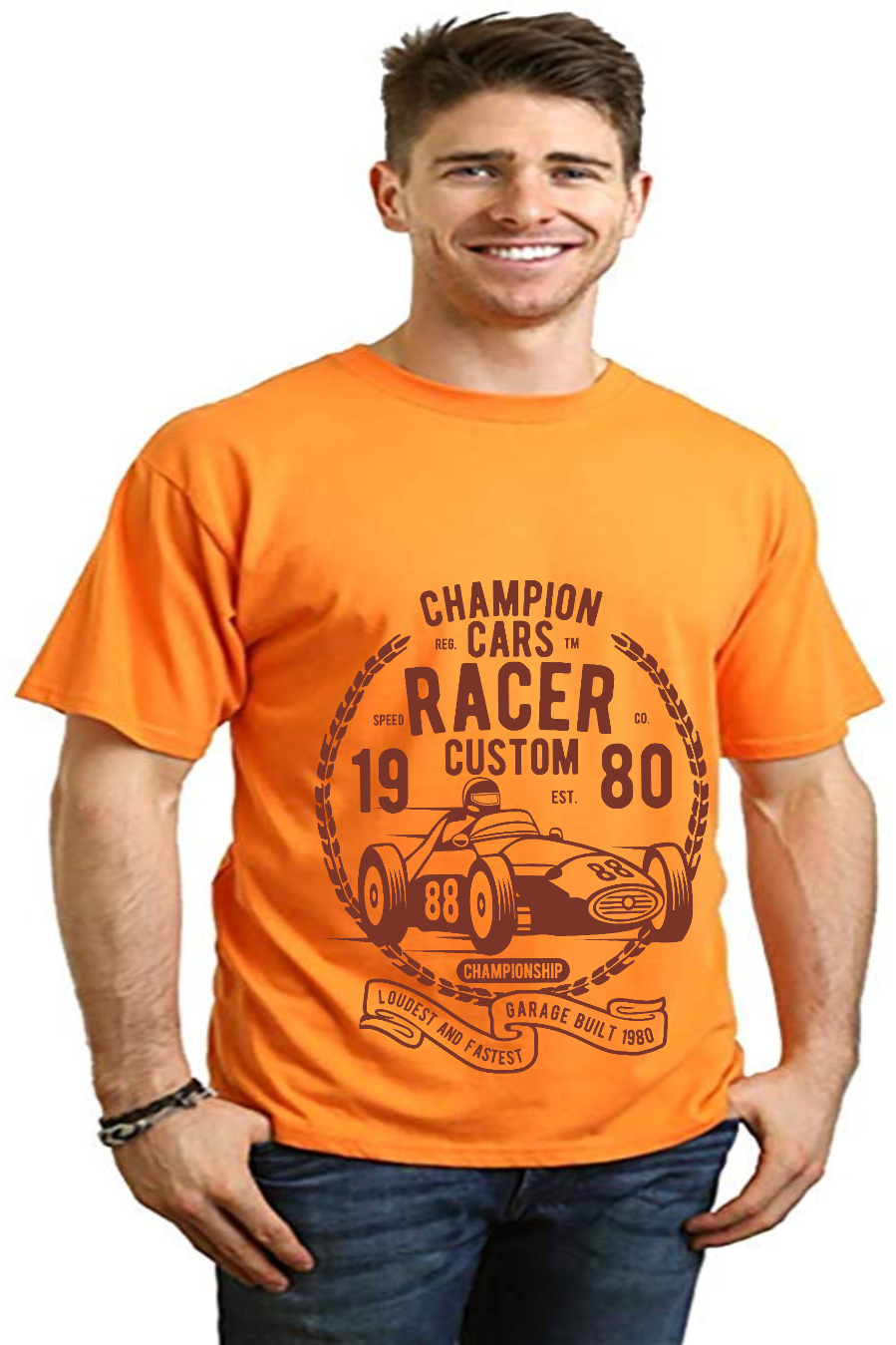 Spun Bamboo Champions Cars Men's Bamboo Viscose/Organic Cotton Short Sleeve Graphic T-Shirt — in-use photo
