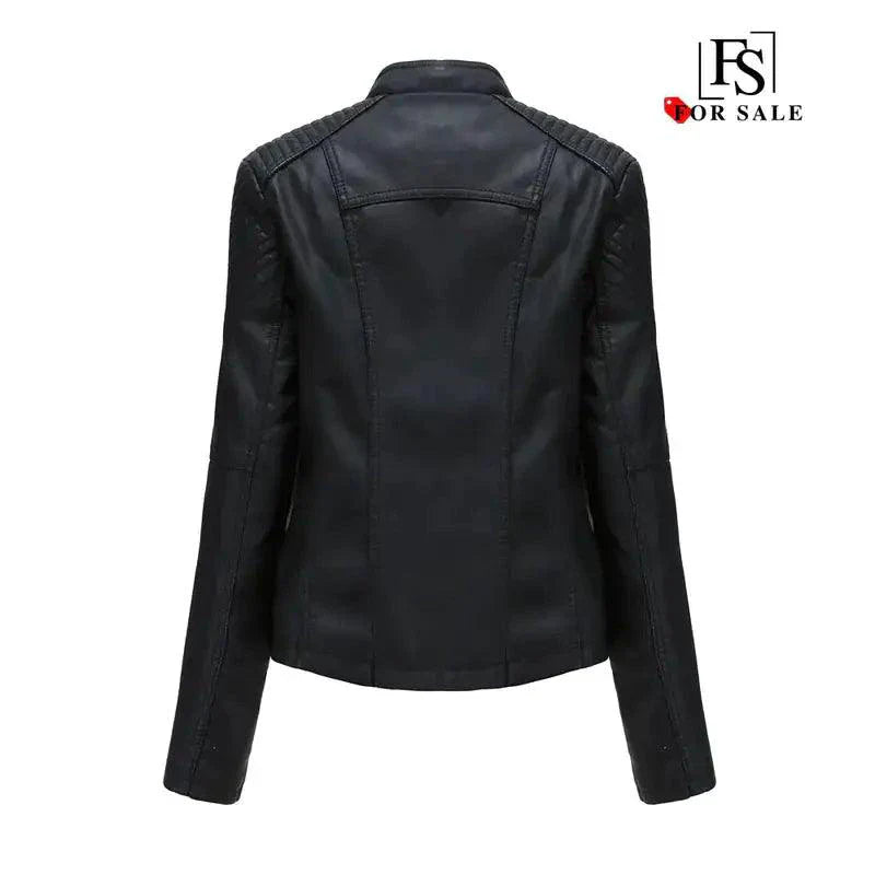 Mandotos Chic Feminine Black Leather Coat With Zipper Pockets And Biker Style Details