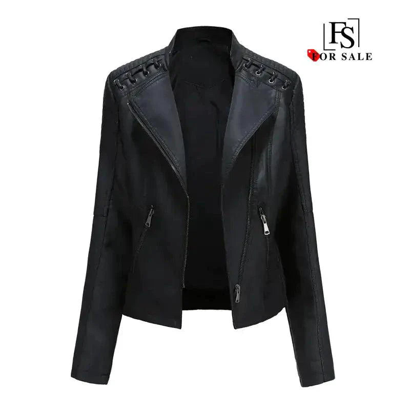 Mandotos Chic Feminine Black Leather Coat With Zipper Pockets And Biker Style Details
