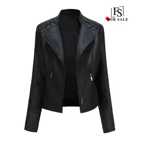 Mandotos Chic Feminine Black Leather Coat With Zipper Pockets And Biker Style Details