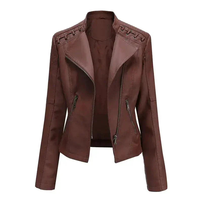 Mandotos Chic Feminine Black Leather Coat With Zipper Pockets And Biker Style Details