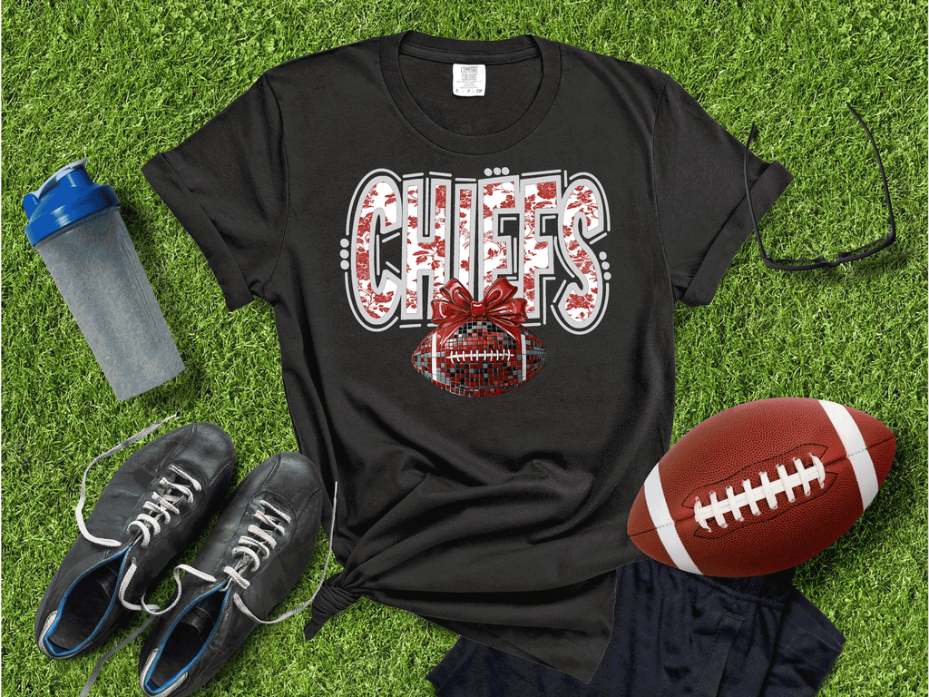 A Blessed Texas Mess Boutique Kansas City Football Metallic shirt, Chiefs Faux Glitter Football Kansas Toile… — detail shot 8