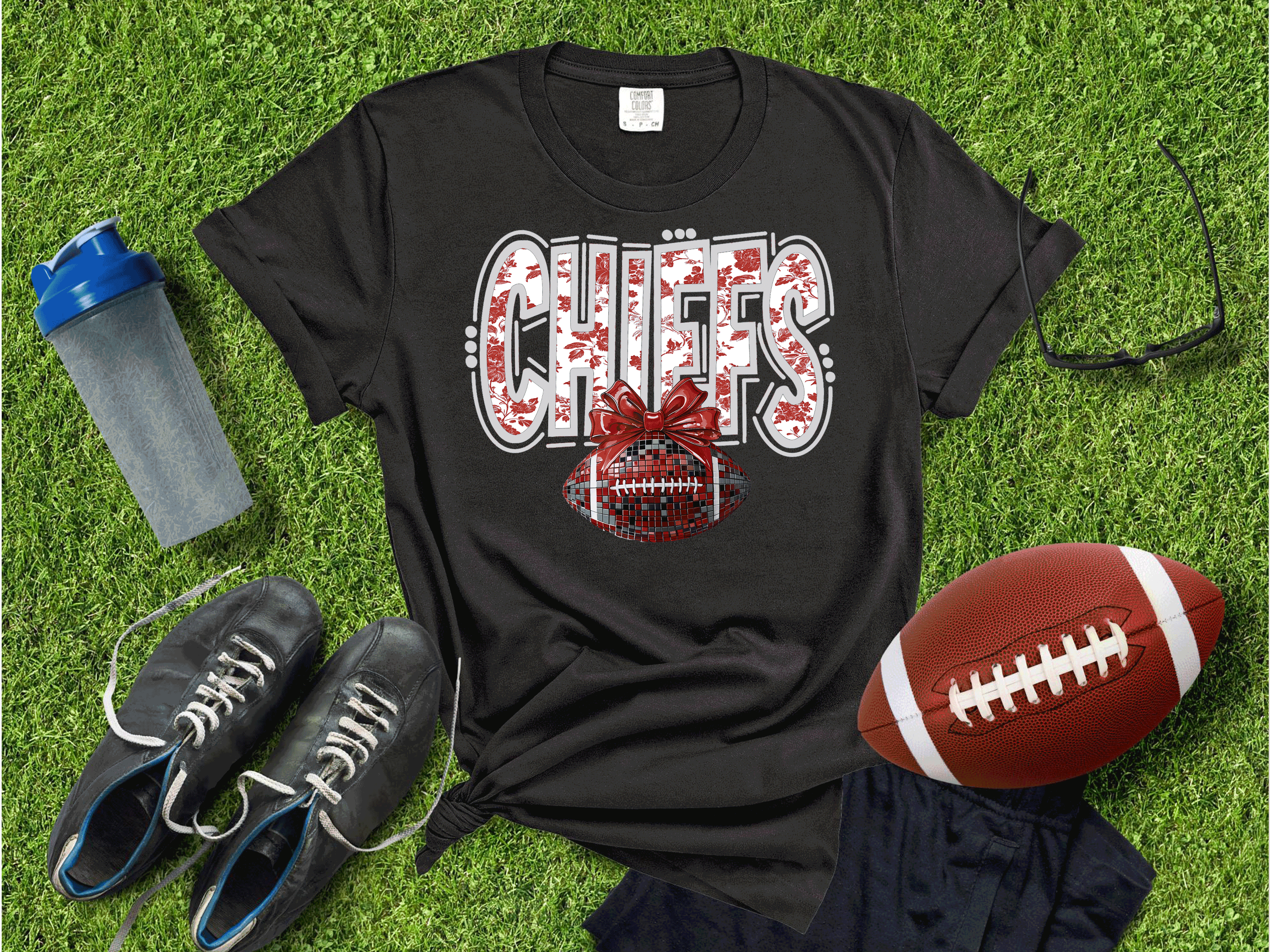 A Blessed Texas Mess Boutique Kansas City Football Metallic shirt, Chiefs Faux Glitter Football Kansas Toile… — detail shot 8