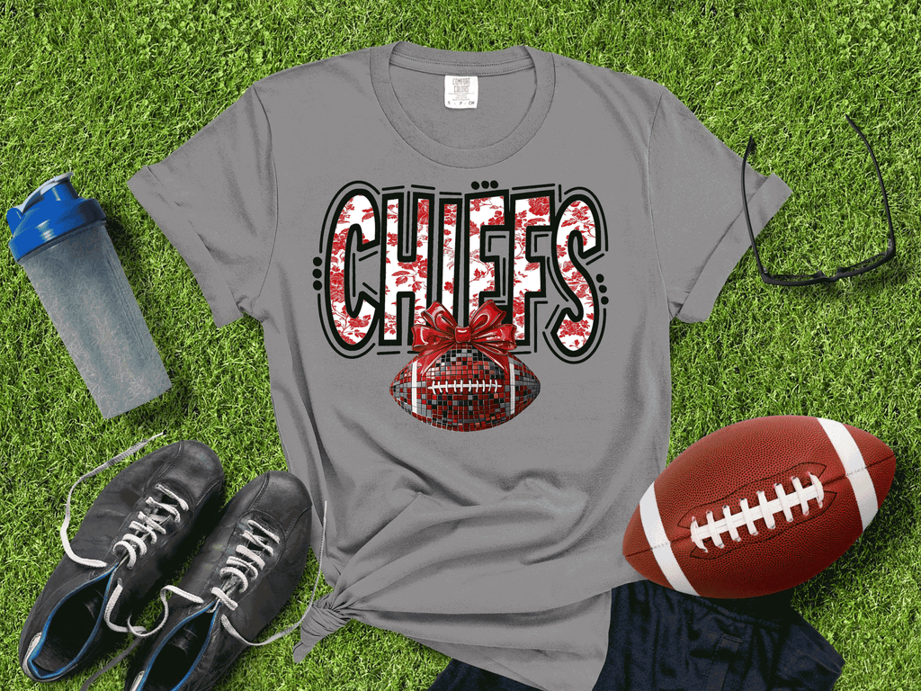 A Blessed Texas Mess Boutique Kansas City Football Metallic shirt, Chiefs Faux Glitter Football Kansas Toile… — detail shot 6