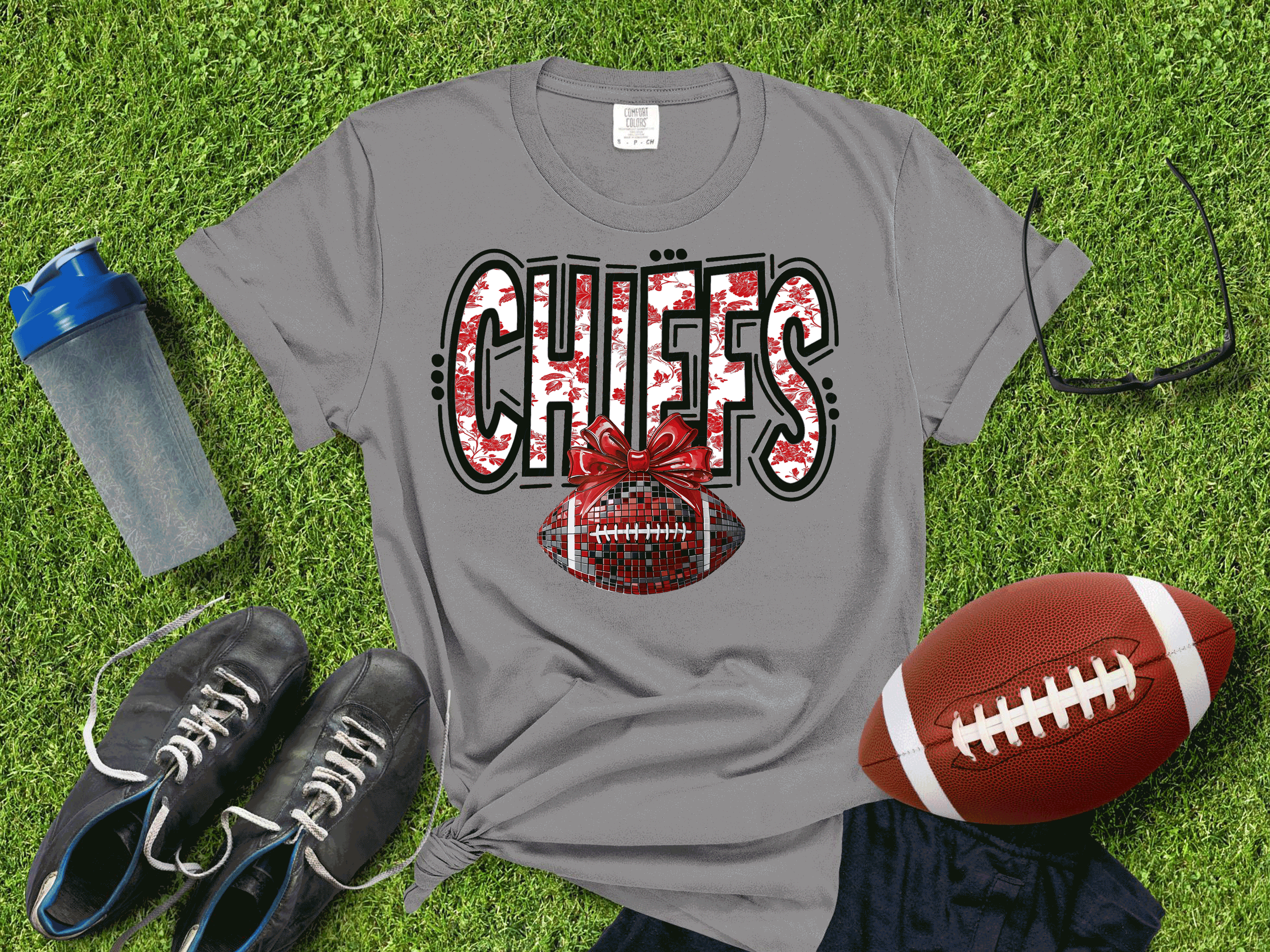 A Blessed Texas Mess Boutique Kansas City Football Metallic shirt, Chiefs Faux Glitter Football Kansas Toile… — detail shot 6