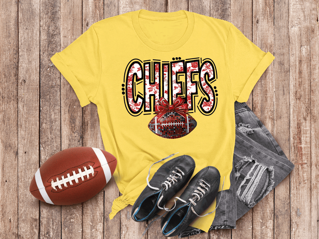 A Blessed Texas Mess Boutique Kansas City Football Metallic shirt, Chiefs Faux Glitter Football Kansas Toile… — construction detail