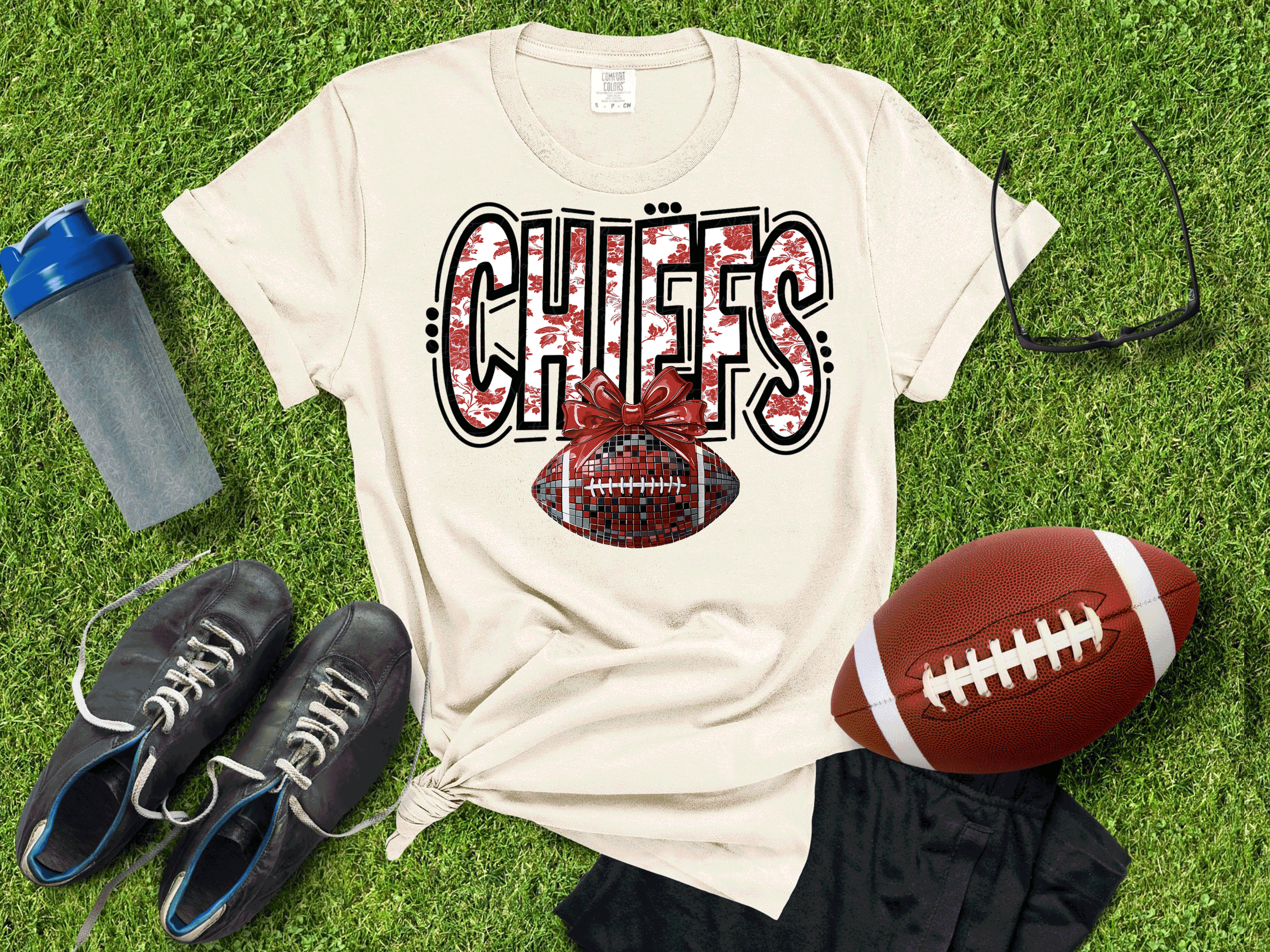 A Blessed Texas Mess Boutique Kansas City Football Metallic shirt, Chiefs Faux Glitter Football Kansas Toile… — dtf / graphic shirts category context