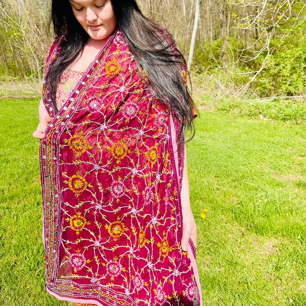 Darn Good Yarn Darn Good Yarn Chiffon Phulkari Scarf — Darn Good Yarn branding close-up