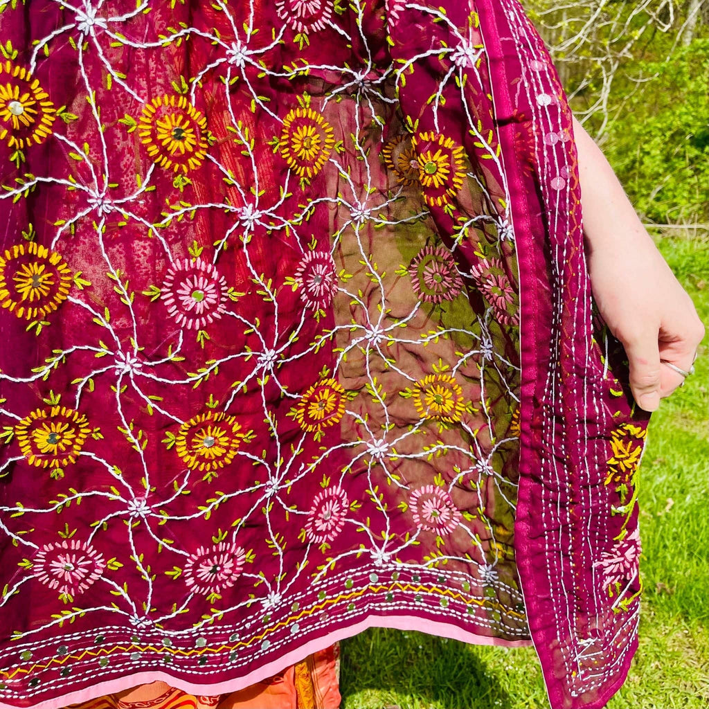 Darn Good Yarn Darn Good Yarn Chiffon Phulkari Scarf — lifestyle worn / used context