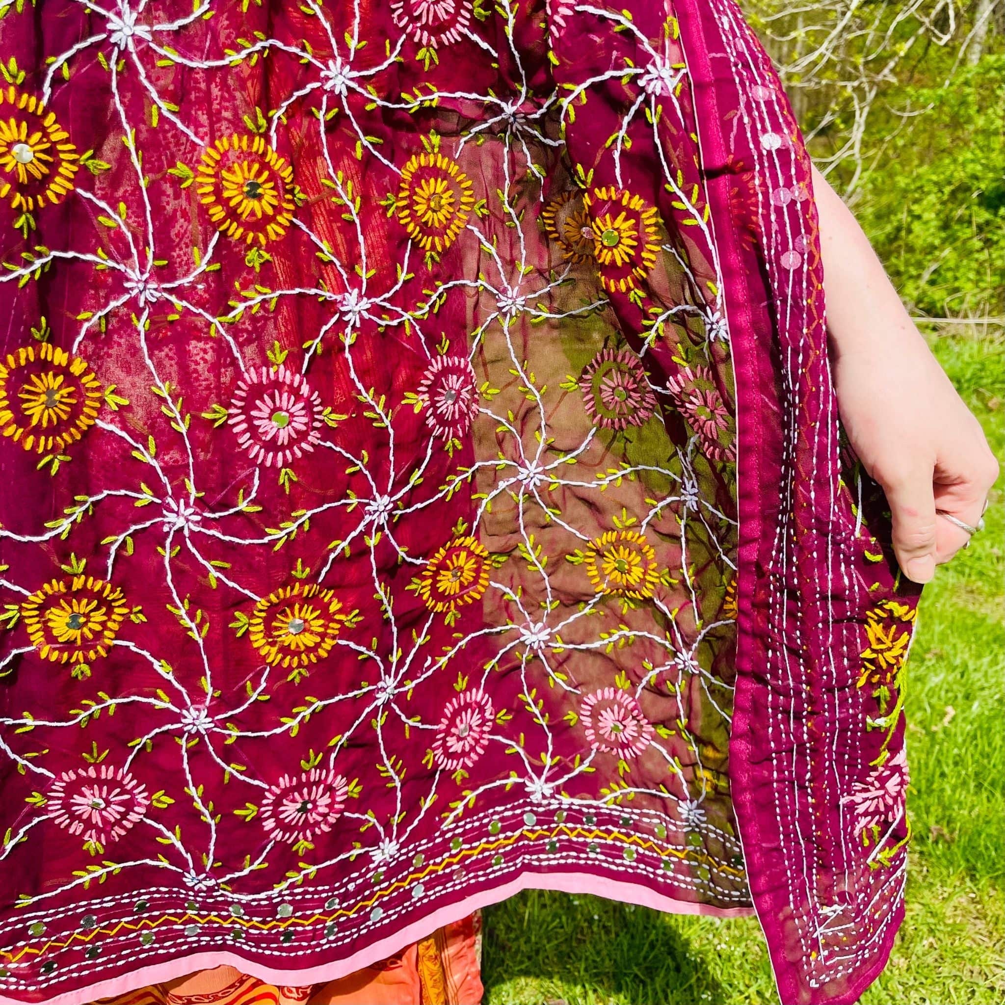 Darn Good Yarn Darn Good Yarn Chiffon Phulkari Scarf — lifestyle worn / used context