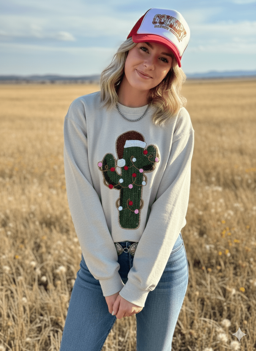 Wild Junkie Christmas Cactus Sequins Patch Sweatshirt — lifestyle worn / used context