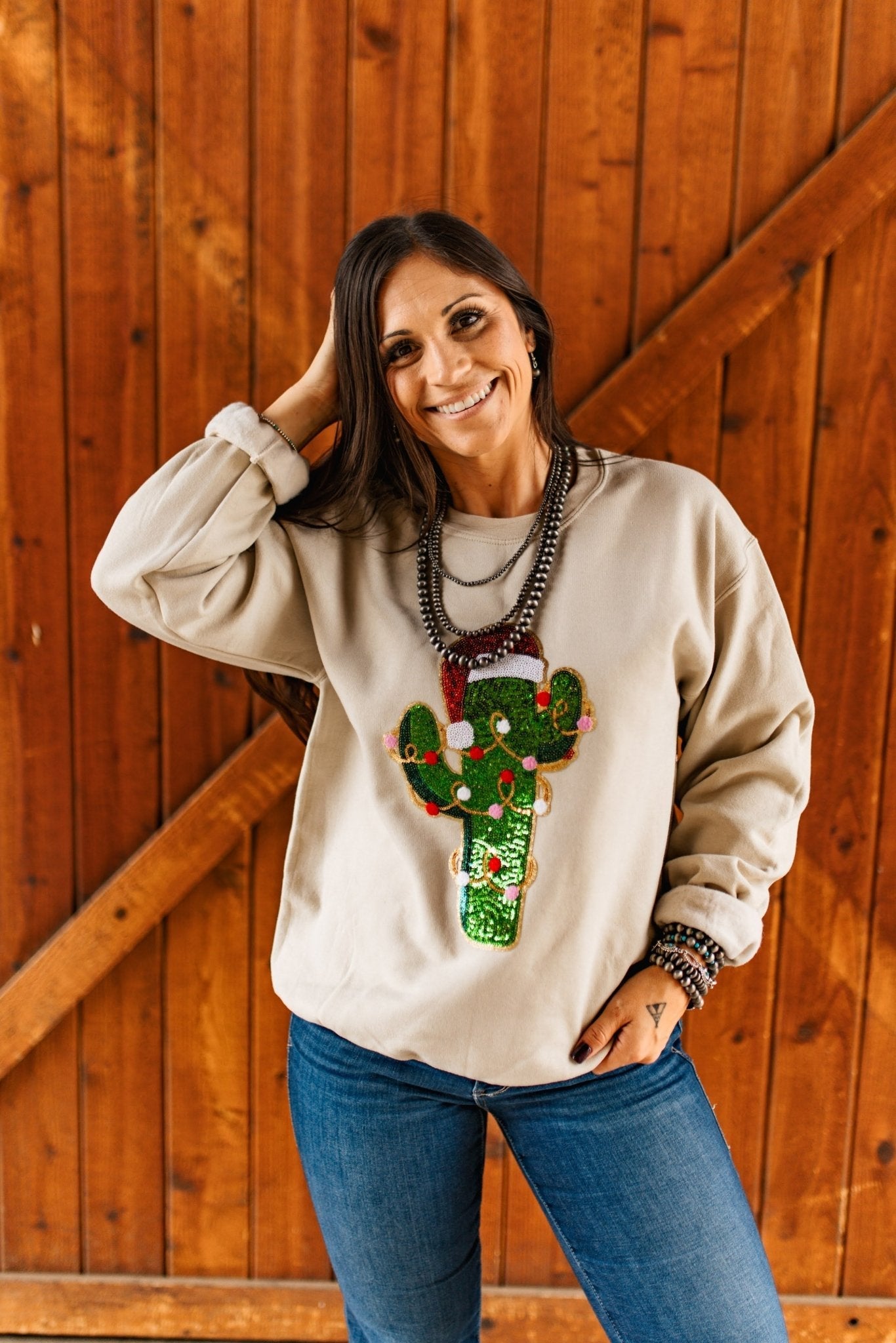 Wild Junkie Christmas Cactus Sequins Patch Sweatshirt — sweatshirts category context
