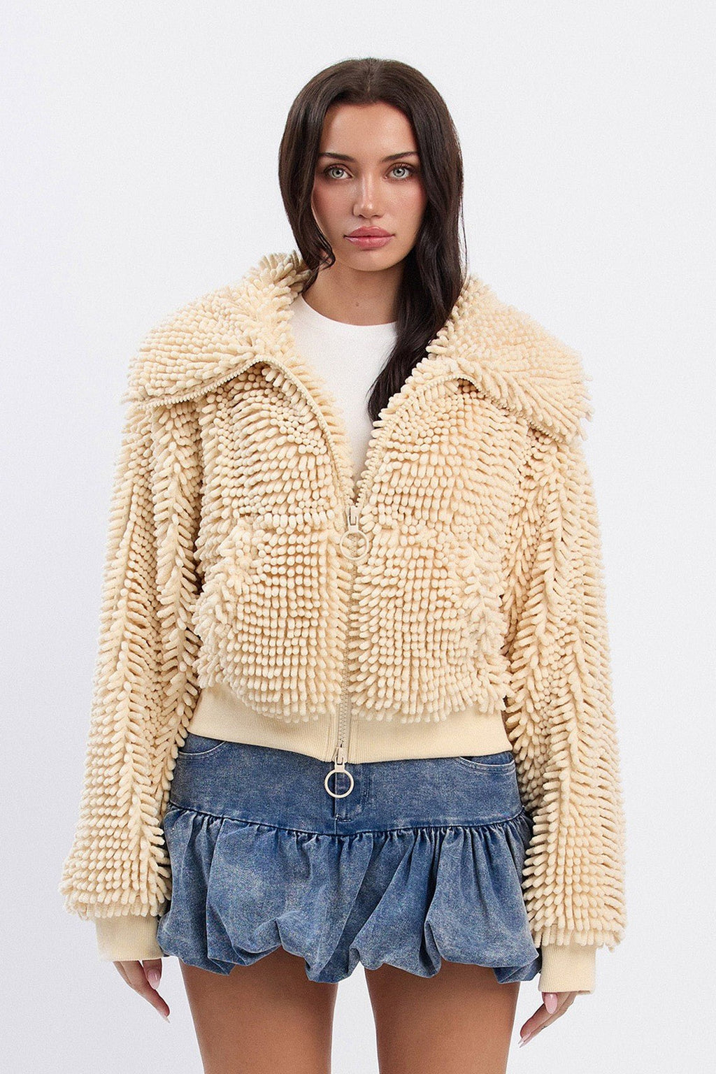 Chunky Collared Chenille Zip-Up Jacket | Cropped Oversized Trendy Streetwear