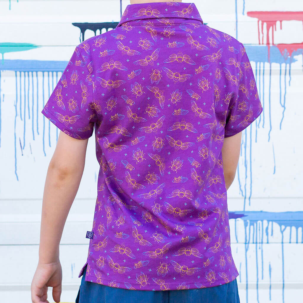 Princess Awesome & Boy Wonder "Emergence" Cicadas Short Sleeve Polo Shirt — Short Sleeve detail