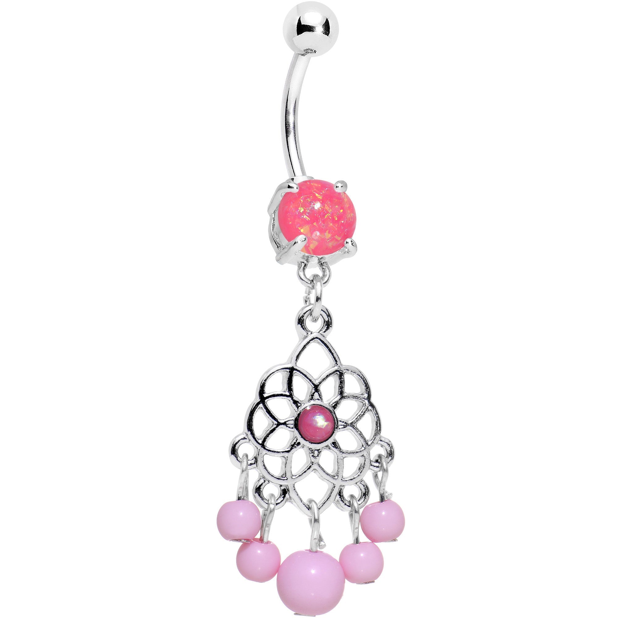 BodyCandy Pink Faux Opal Lotus Flower Dreamcatcher Dangle Belly Ring — main product shot