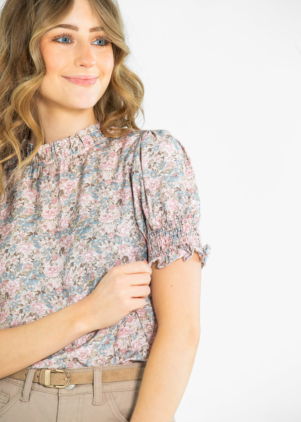 Inherit Co. Clara Floral Ruffle Mockneck Short Sleeve Top — comparison shot