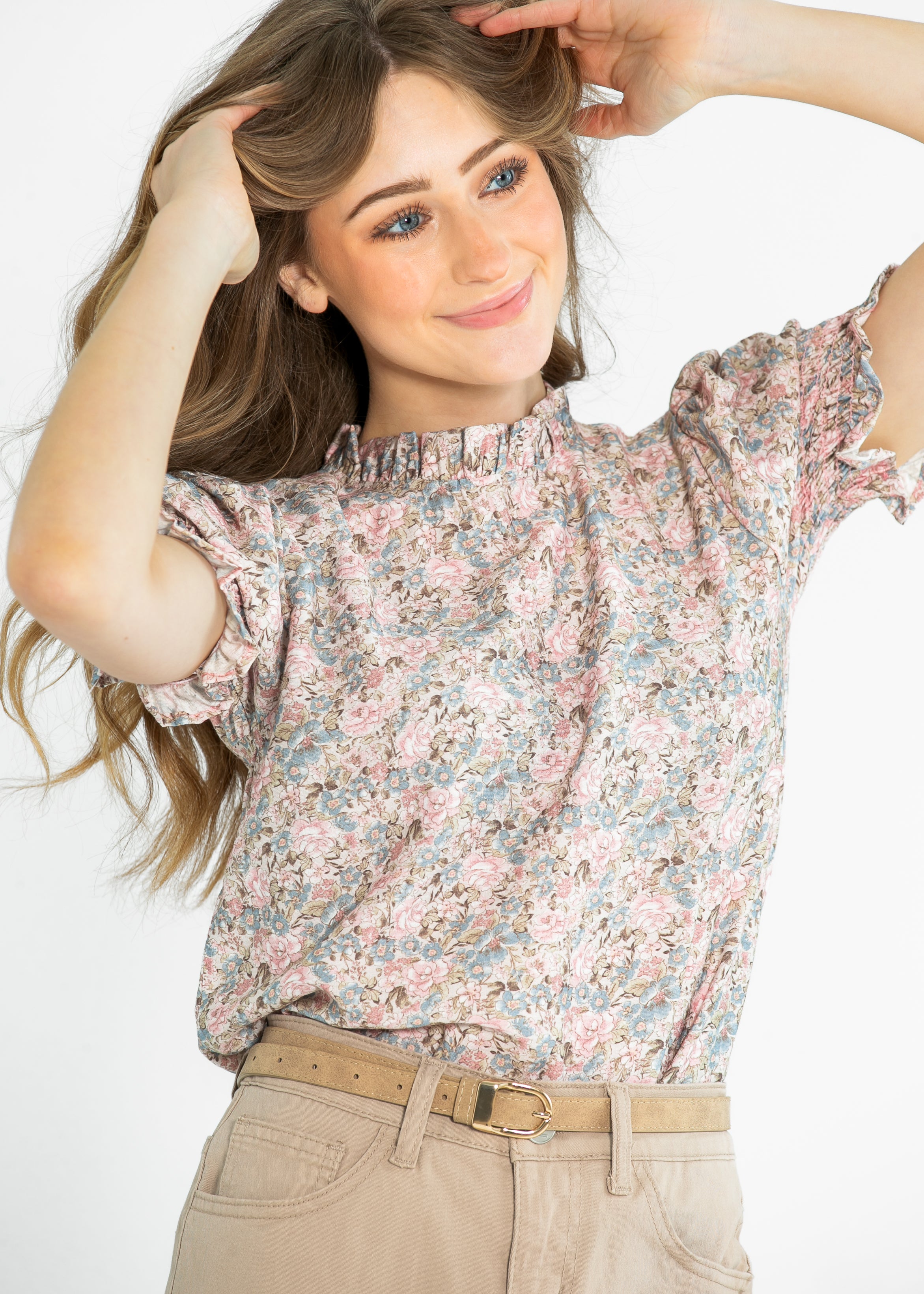 Inherit Co. Clara Floral Ruffle Mockneck Short Sleeve Top — size reference