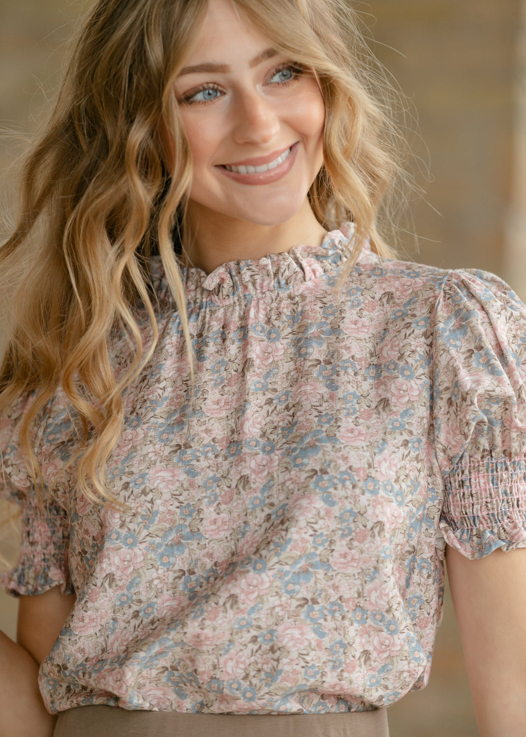 Inherit Co. Clara Floral Ruffle Mockneck Short Sleeve Top — side view