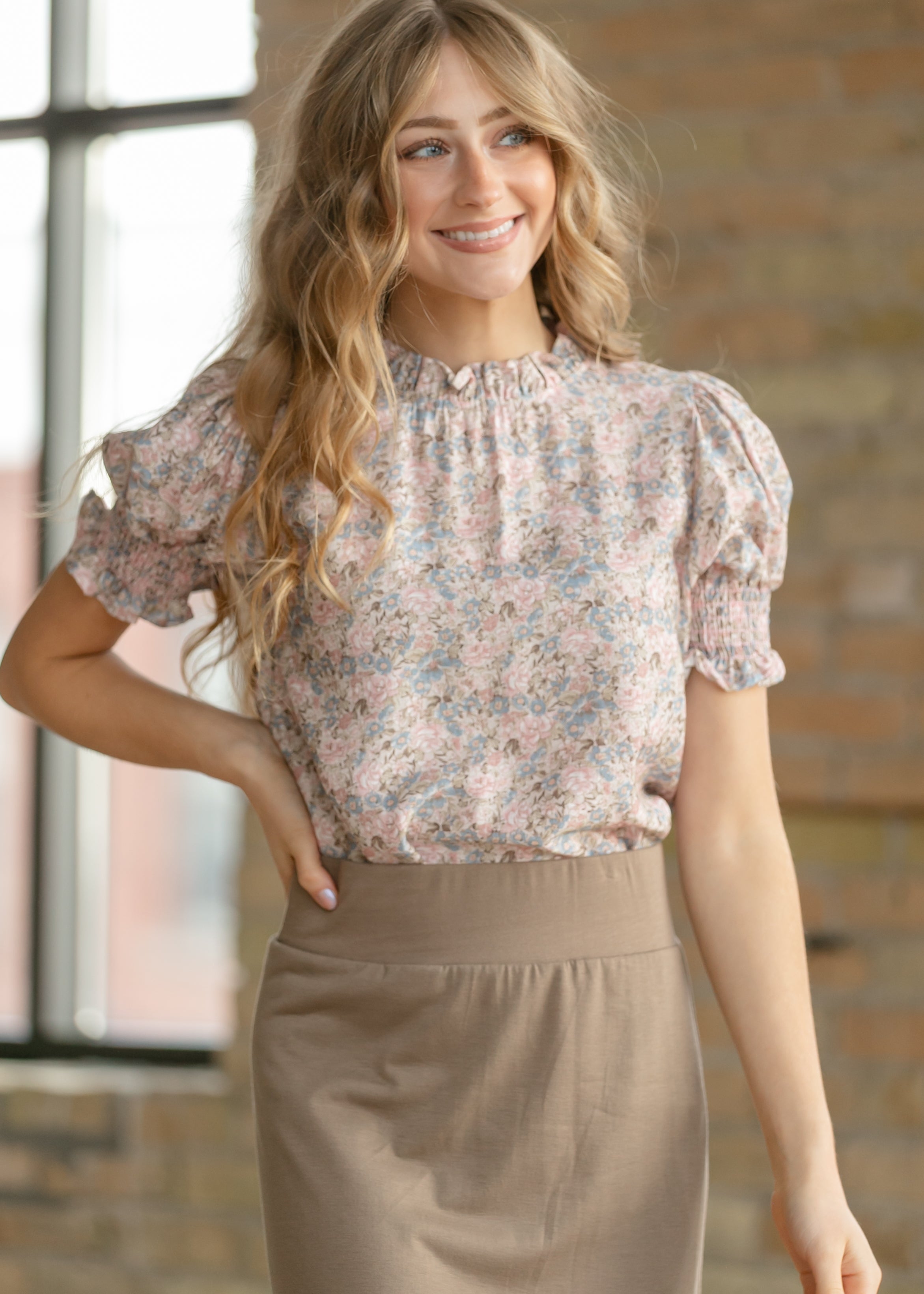 Inherit Co. Clara Floral Ruffle Mockneck Short Sleeve Top — main product shot