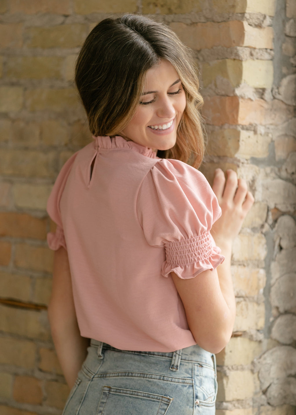 Inherit Co. Clara Ruffle Mockneck Short Sleeve Top - FINAL SALE — in-use photo