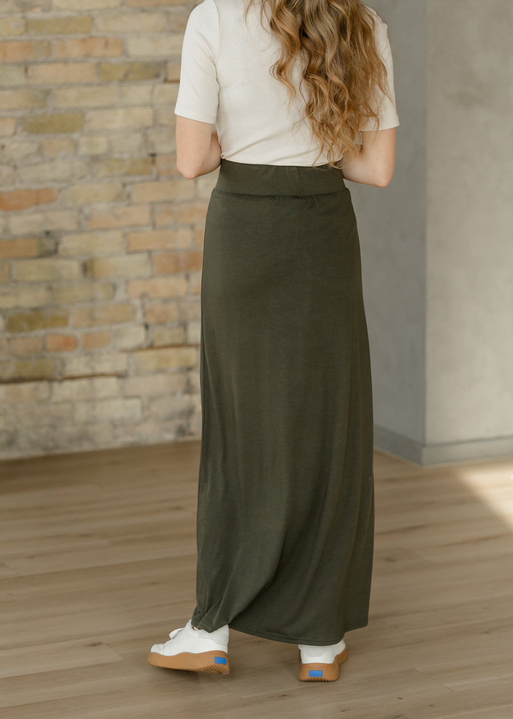 Inherit Co. Clarise Olive Premium Knit Maxi Skirt — back view