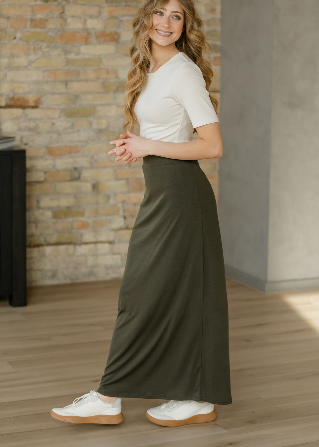 Inherit Co. Clarise Olive Premium Knit Maxi Skirt — side view