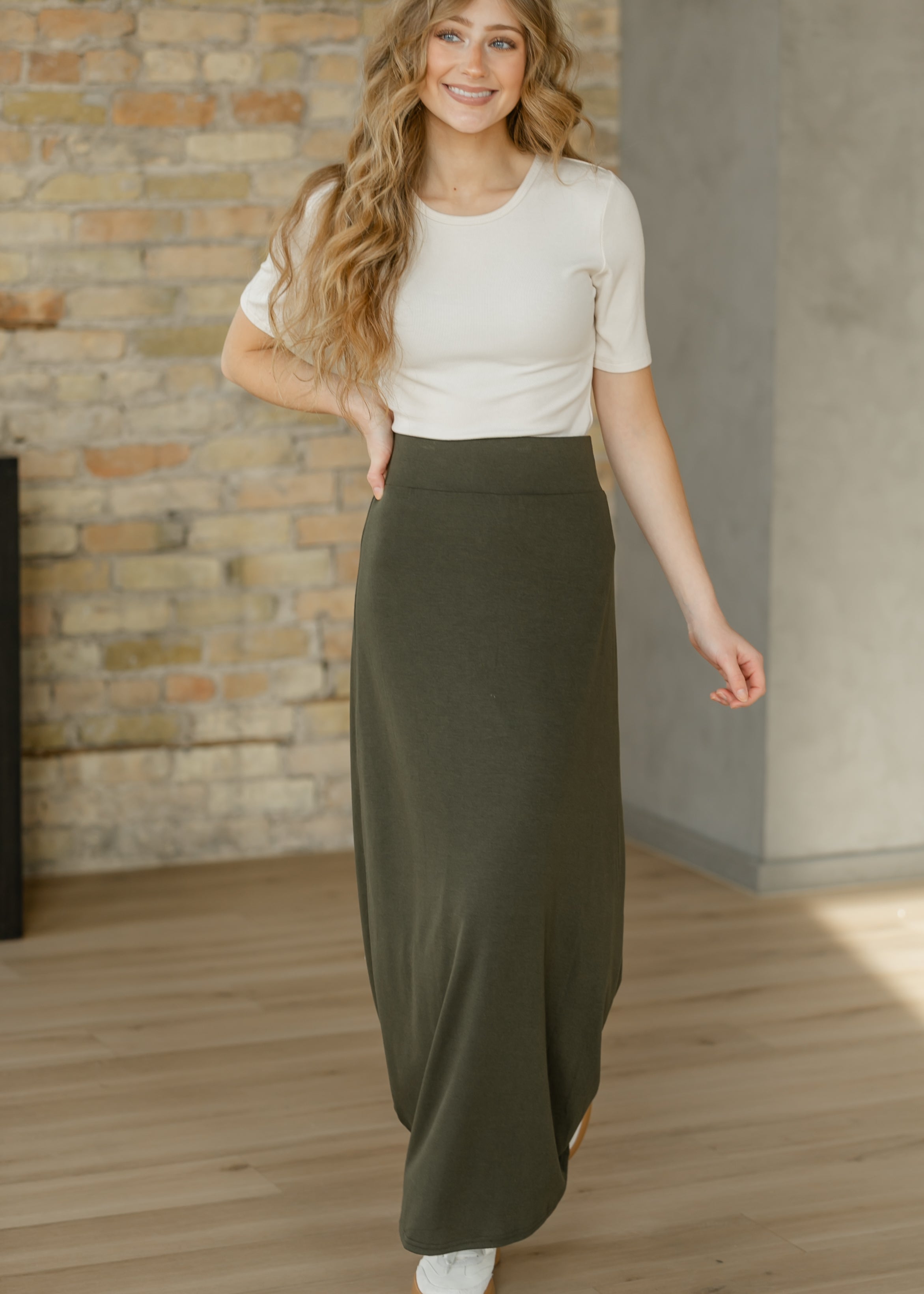 Inherit Co. Clarise Olive Premium Knit Maxi Skirt — lifestyle context