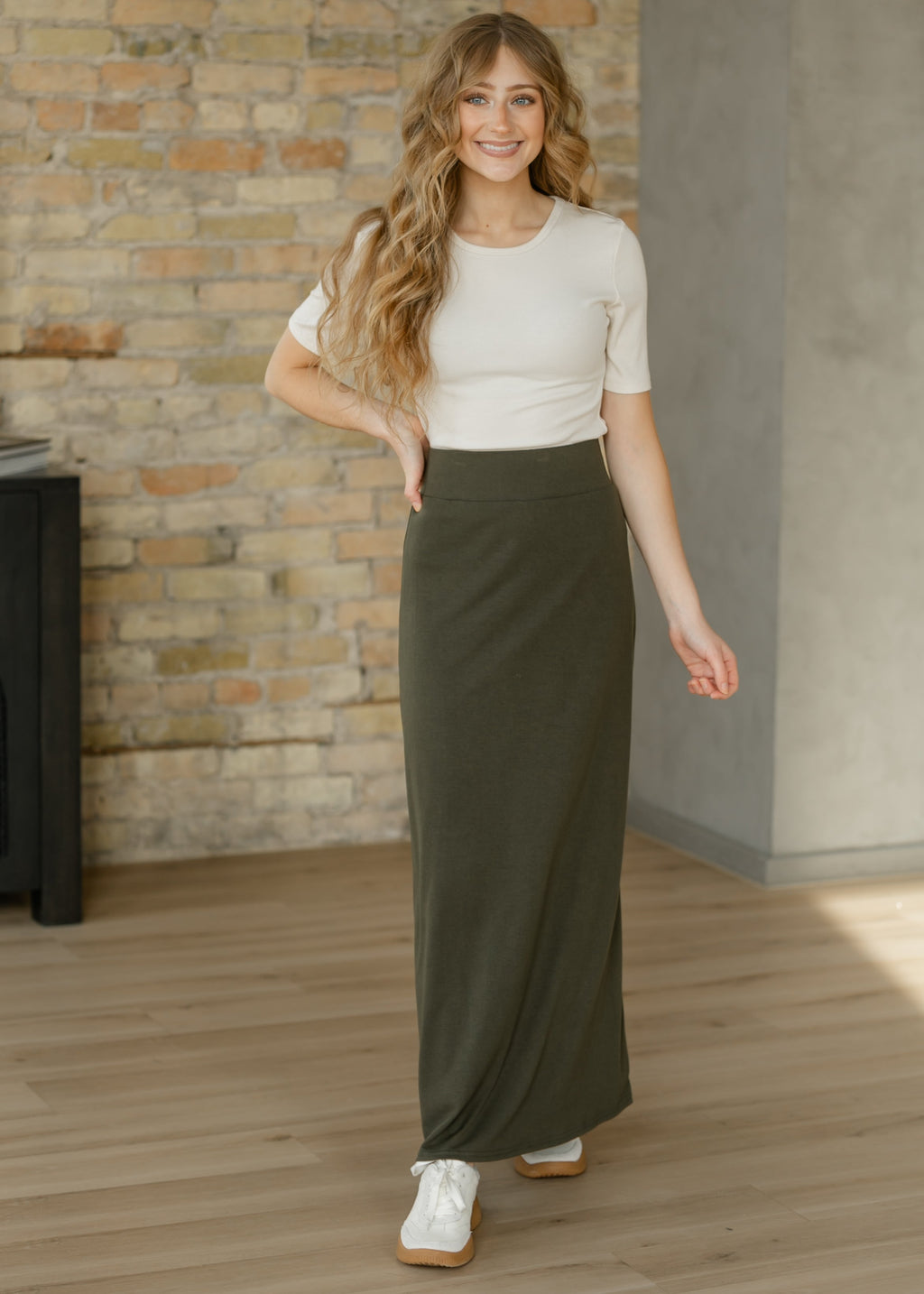 Inherit Co. Clarise Olive Premium Knit Maxi Skirt — main product shot