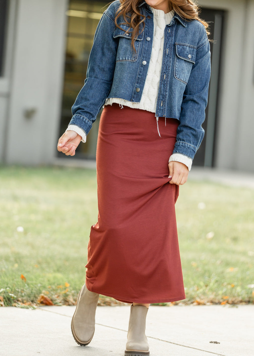 Inherit Co. Clarise Rust Premium Knit Maxi Skirt — in-use photo