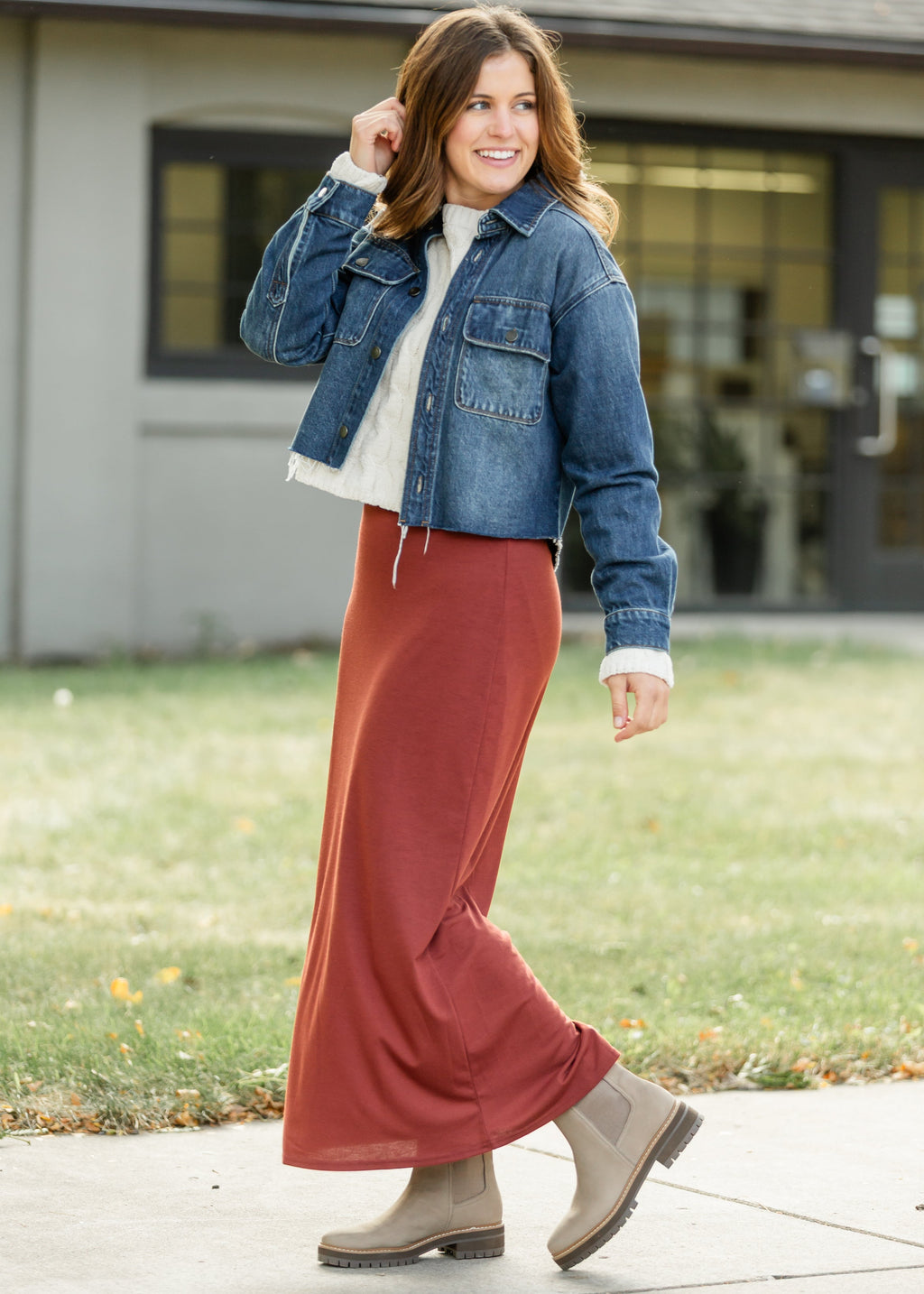Inherit Co. Clarise Rust Premium Knit Maxi Skirt — size reference