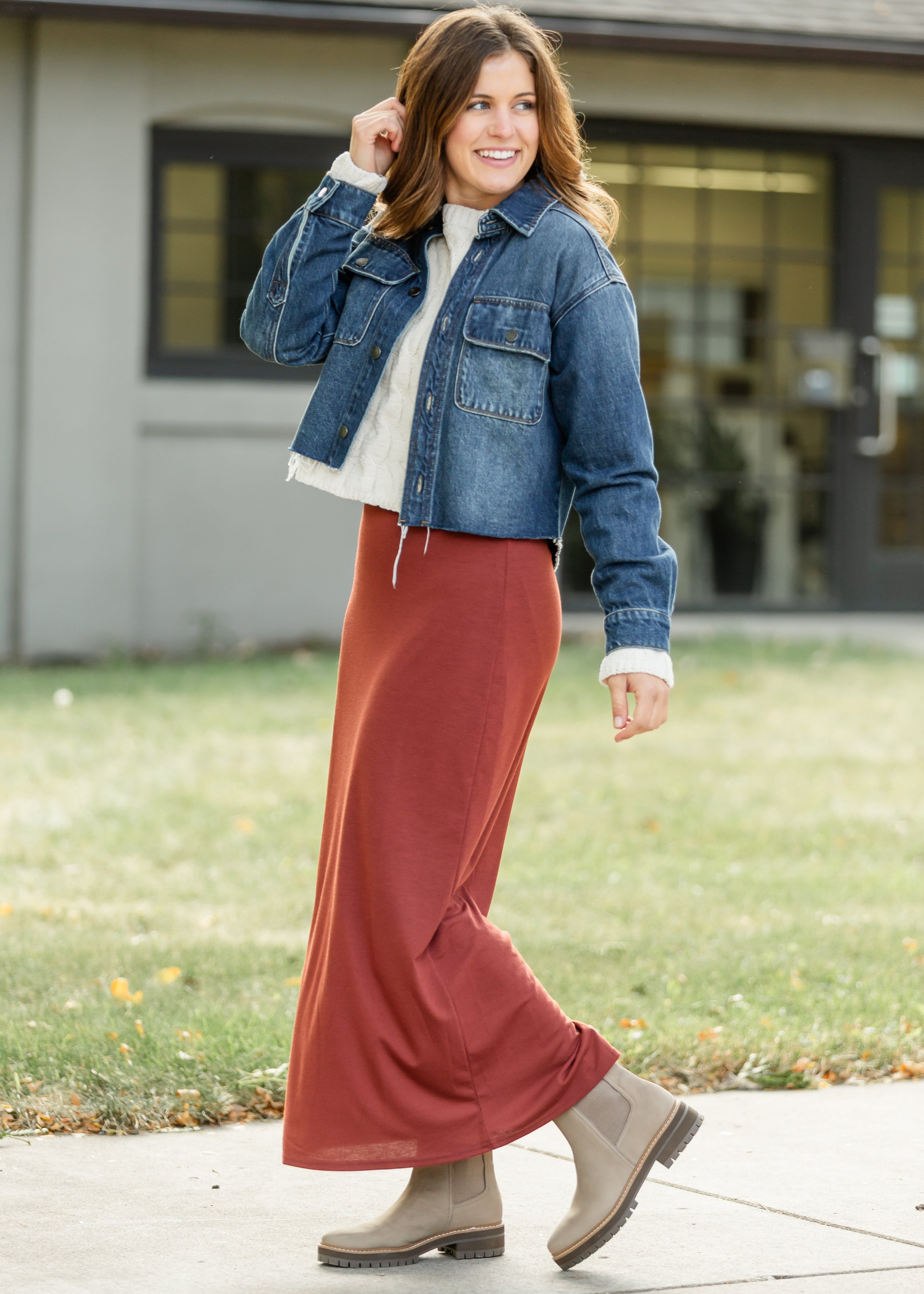 Inherit Co. Clarise Rust Premium Knit Maxi Skirt — size reference