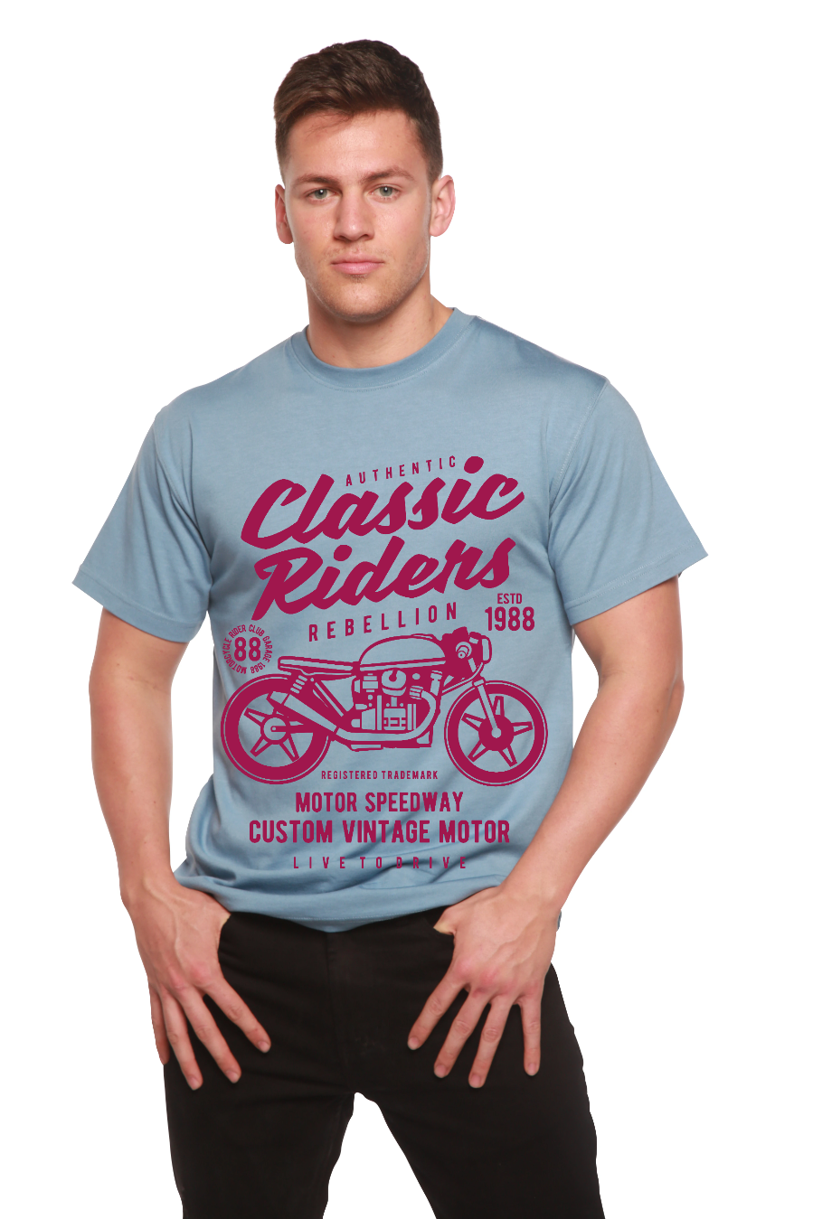 Spun Bamboo Classic Riders Men's Bamboo Viscose/Organic Cotton Short Sleeve Graphic T-Shirt — product on model