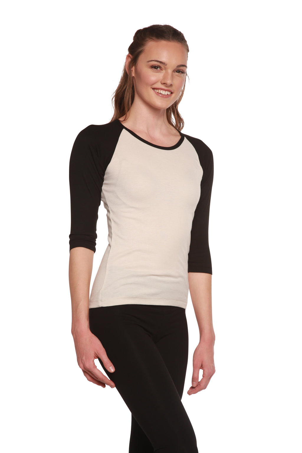 Spun Bamboo Clearance Women's Bamboo Viscose/Sorona 3/4 Sleeve T-Shirt — fabric or material detail
