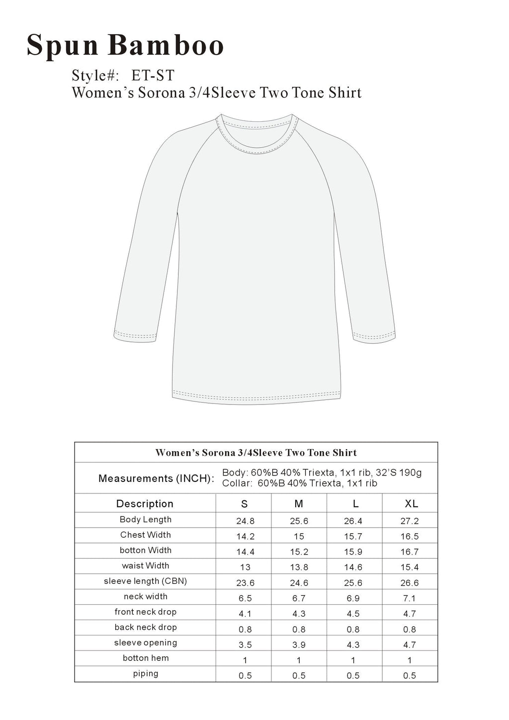 Spun Bamboo Clearance Women's Bamboo Viscose/Sorona 3/4 Sleeve T-Shirt — feature highlight