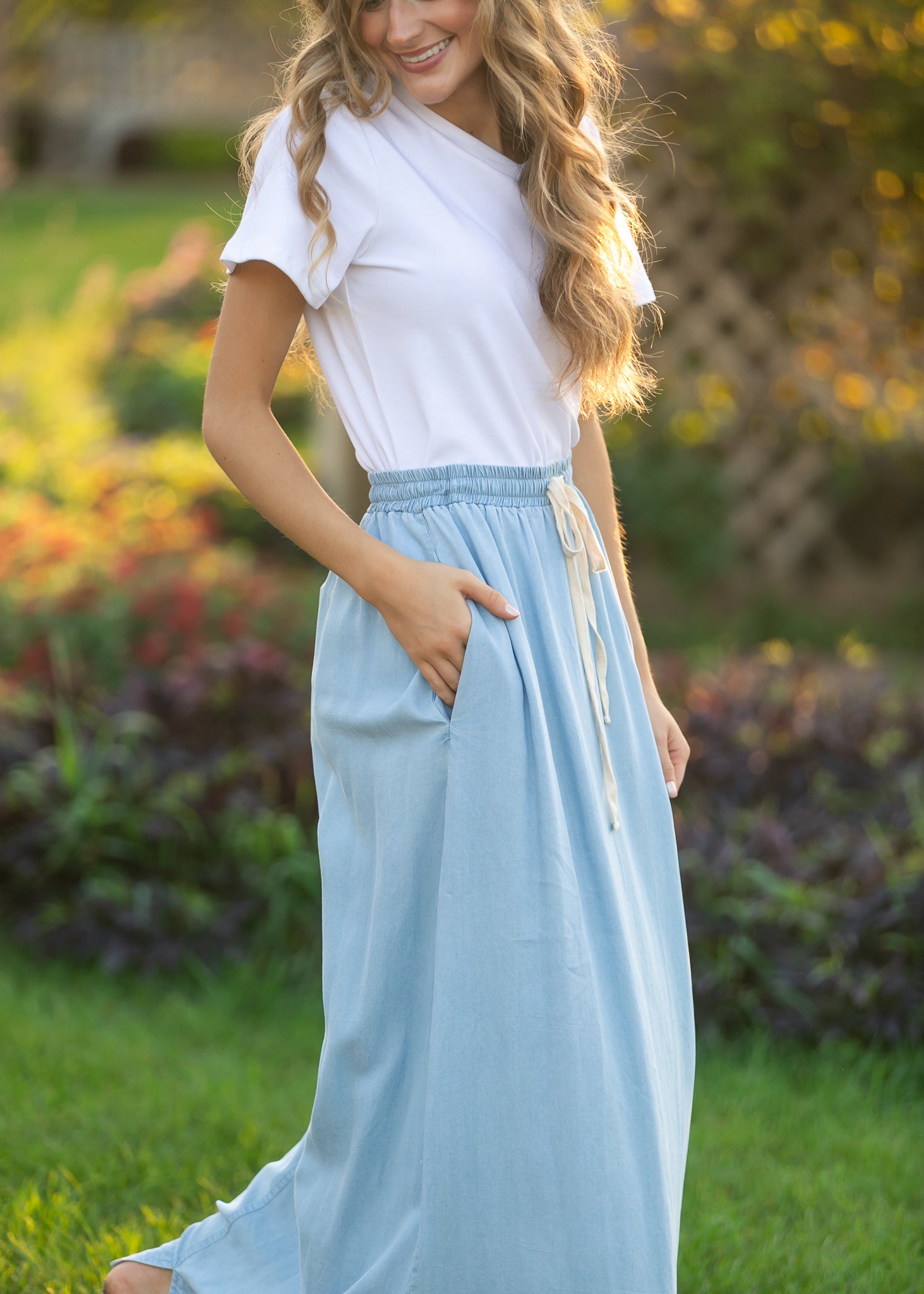 Inherit Co. Cleo Chambray Tie Maxi Skirt — product on model