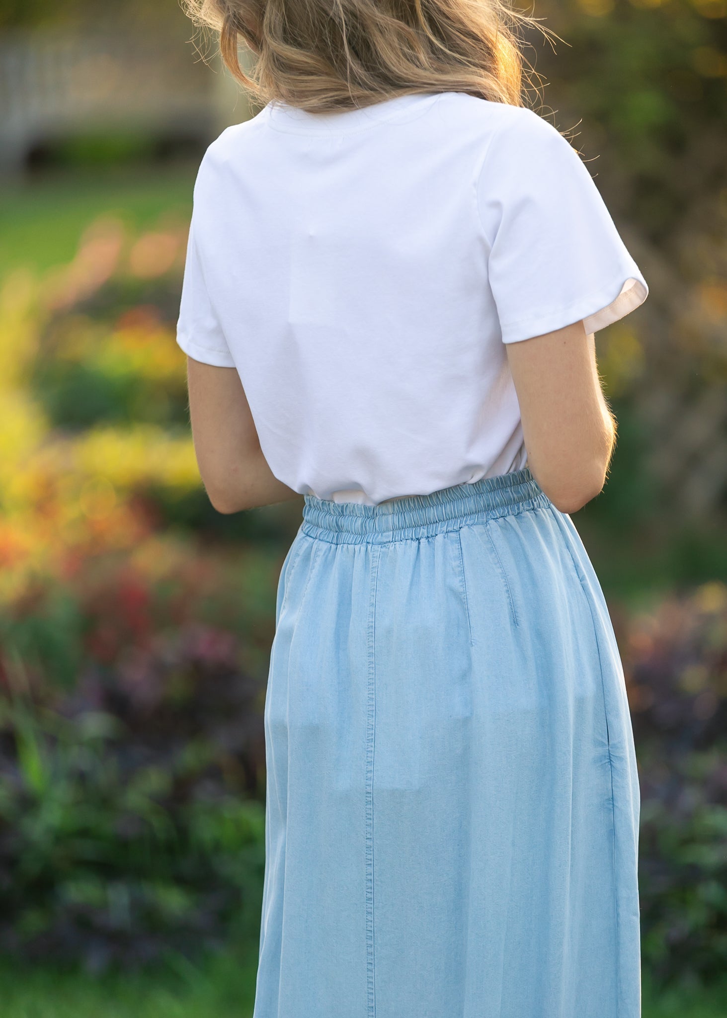 Inherit Co. Cleo Chambray Tie Maxi Skirt — detail close-up