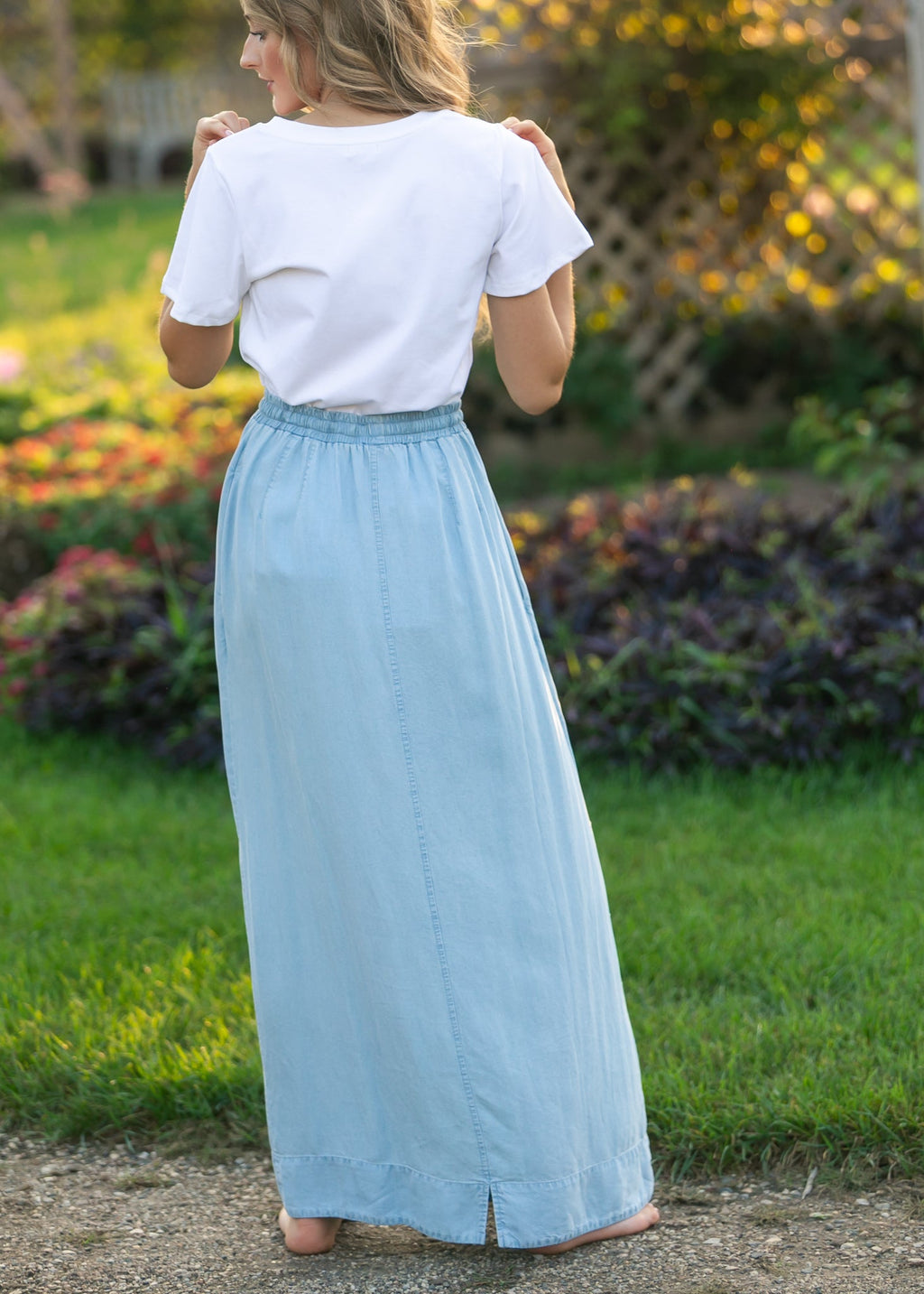 Inherit Co. Cleo Chambray Tie Maxi Skirt — flat-lay composition