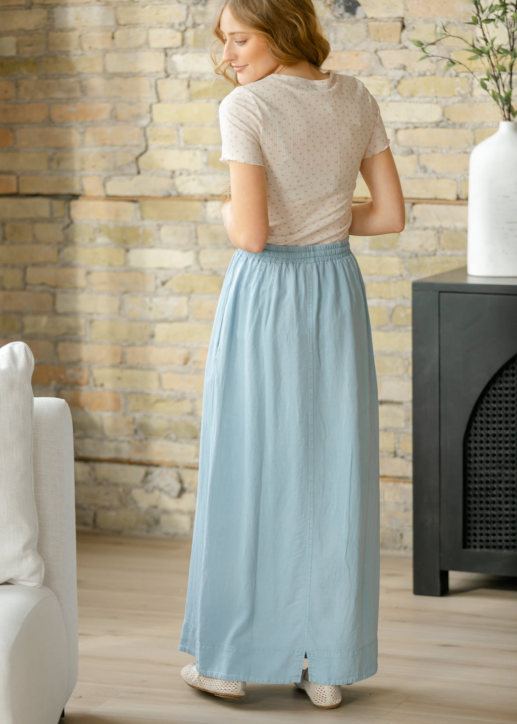 Inherit Co. Cleo Chambray Tie Maxi Skirt — in-use photo