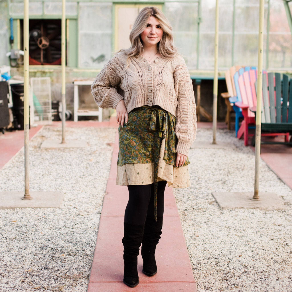 Darn Good Yarn Knee-Length: "Mini" Sari Wrap Skirts — product on model
