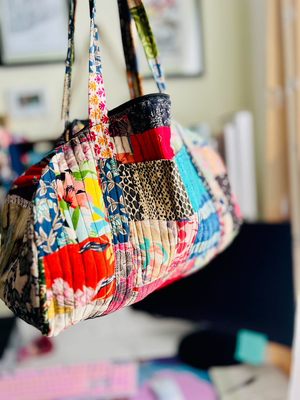Darn Good Yarn Patchwork Quilted Duffle Bag — construction detail