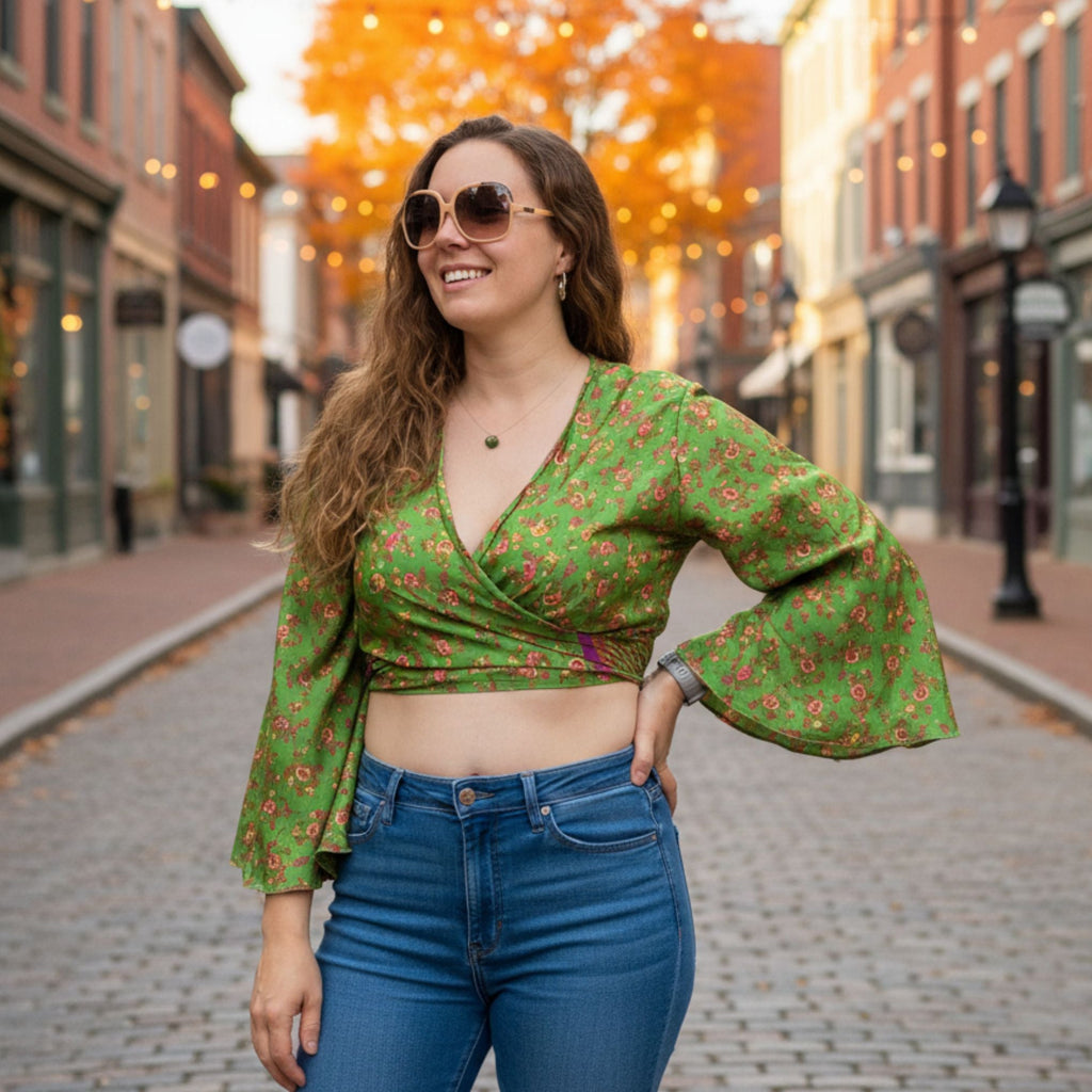 Darn Good Yarn Sari Bell Sleeve Wrap Top — construction detail