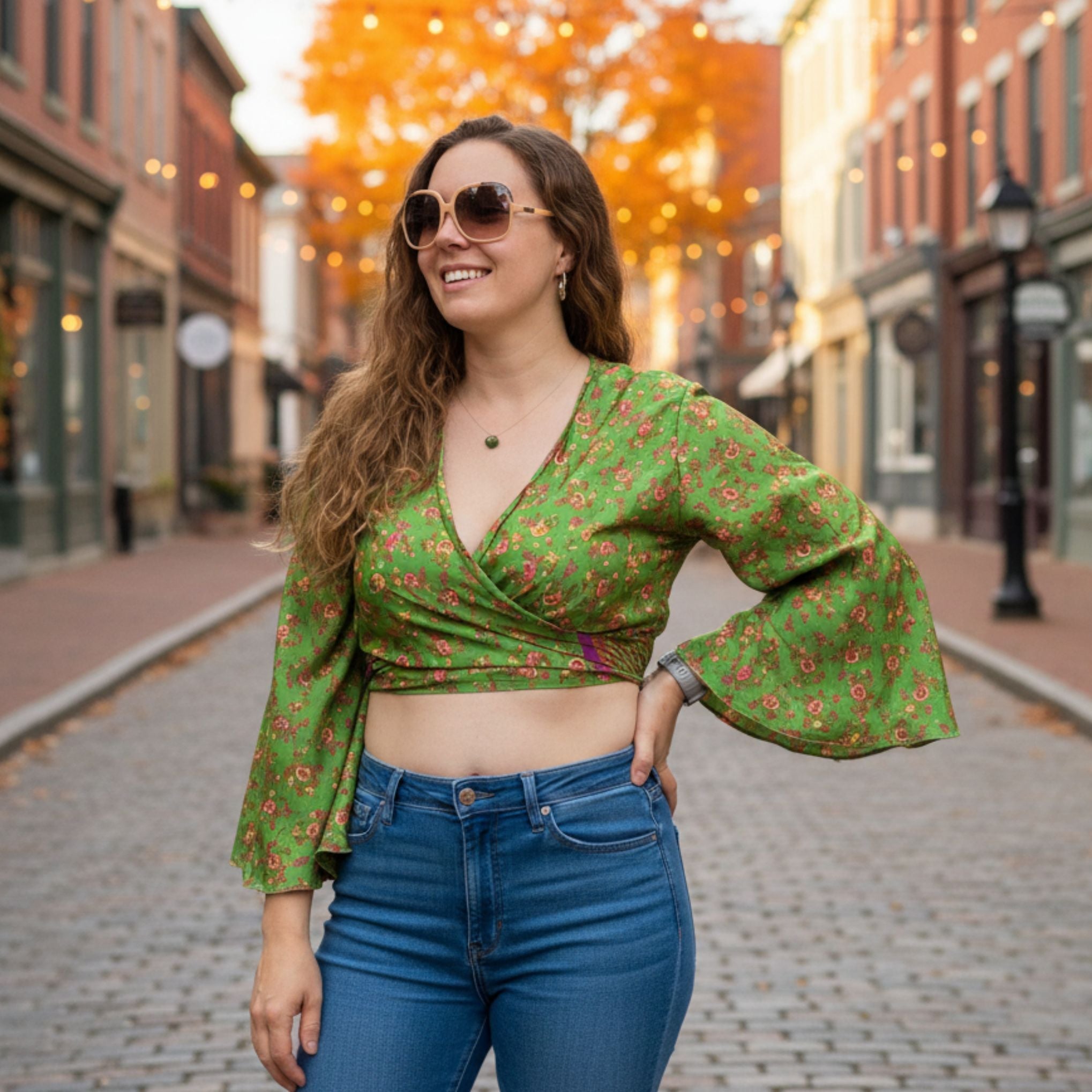 Darn Good Yarn Sari Bell Sleeve Wrap Top — construction detail
