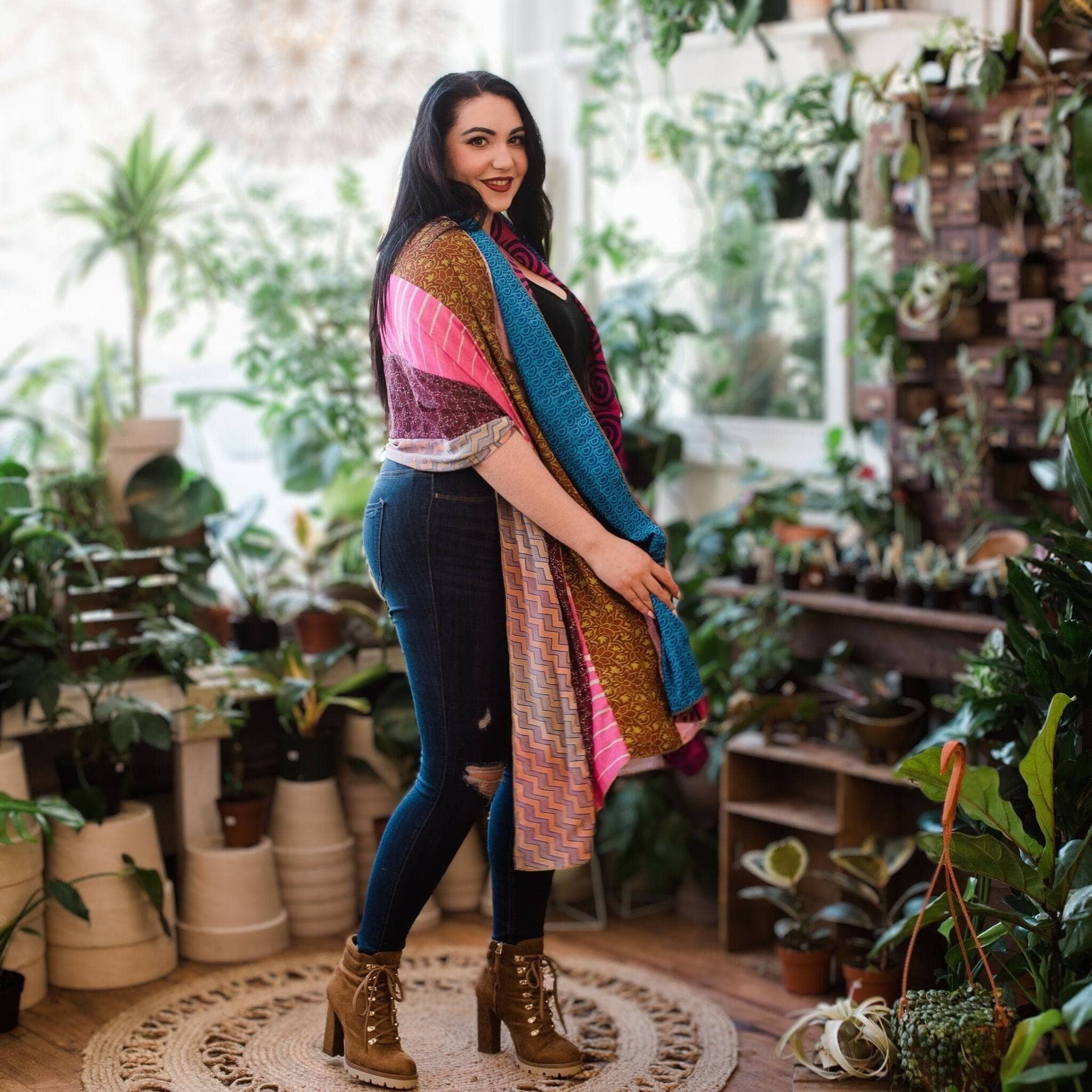 Darn Good Yarn The Original Medley Scarf. ♻️ Made from Sari Magic — product on model