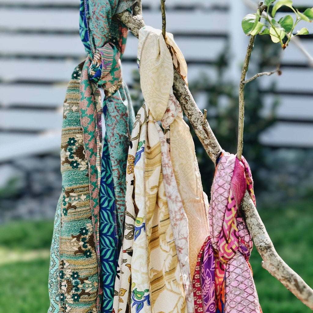 Darn Good Yarn The Original Medley Scarf. ♻️ Made from Sari Magic — in-use photo