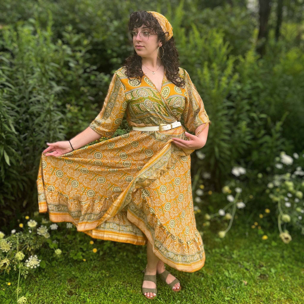 Darn Good Yarn Zaria One-of-a-Kind Wrap Dress – Handmade, Sustainable, Stunning — product on model