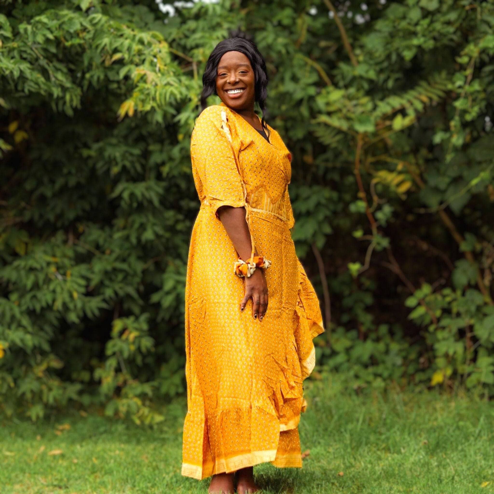 Darn Good Yarn Zaria One-of-a-Kind Wrap Dress – Handmade, Sustainable, Stunning — detail close-up