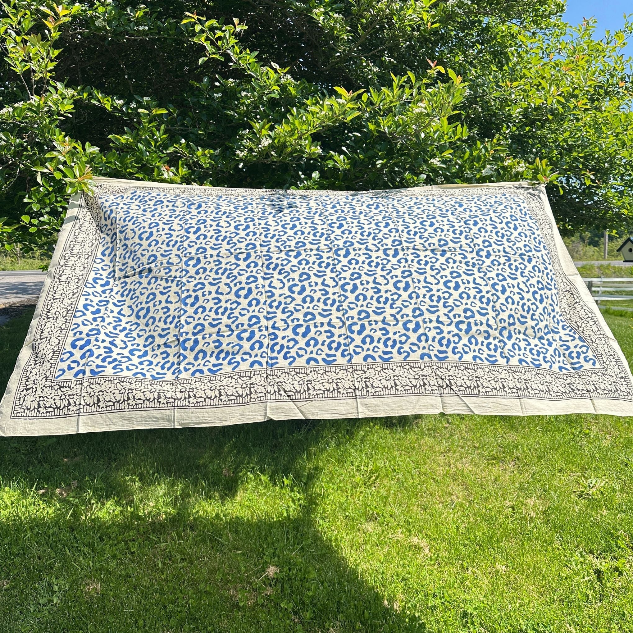 Darn Good Yarn Wild Indigo Bloom – Hand Block Print Cotton Scarf, Oversized Boho Wrap & Lightweight Sarong — Darn Good Yarn branding close-up