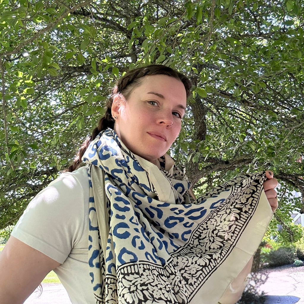 Darn Good Yarn Wild Indigo Bloom – Hand Block Print Cotton Scarf, Oversized Boho Wrap & Lightweight Sarong — detail shot 9