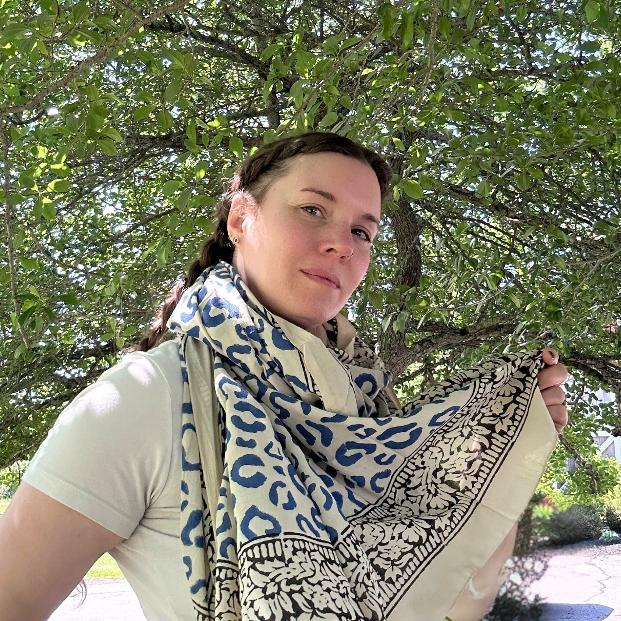 Darn Good Yarn Wild Indigo Bloom – Hand Block Print Cotton Scarf, Oversized Boho Wrap & Lightweight Sarong — detail shot 9